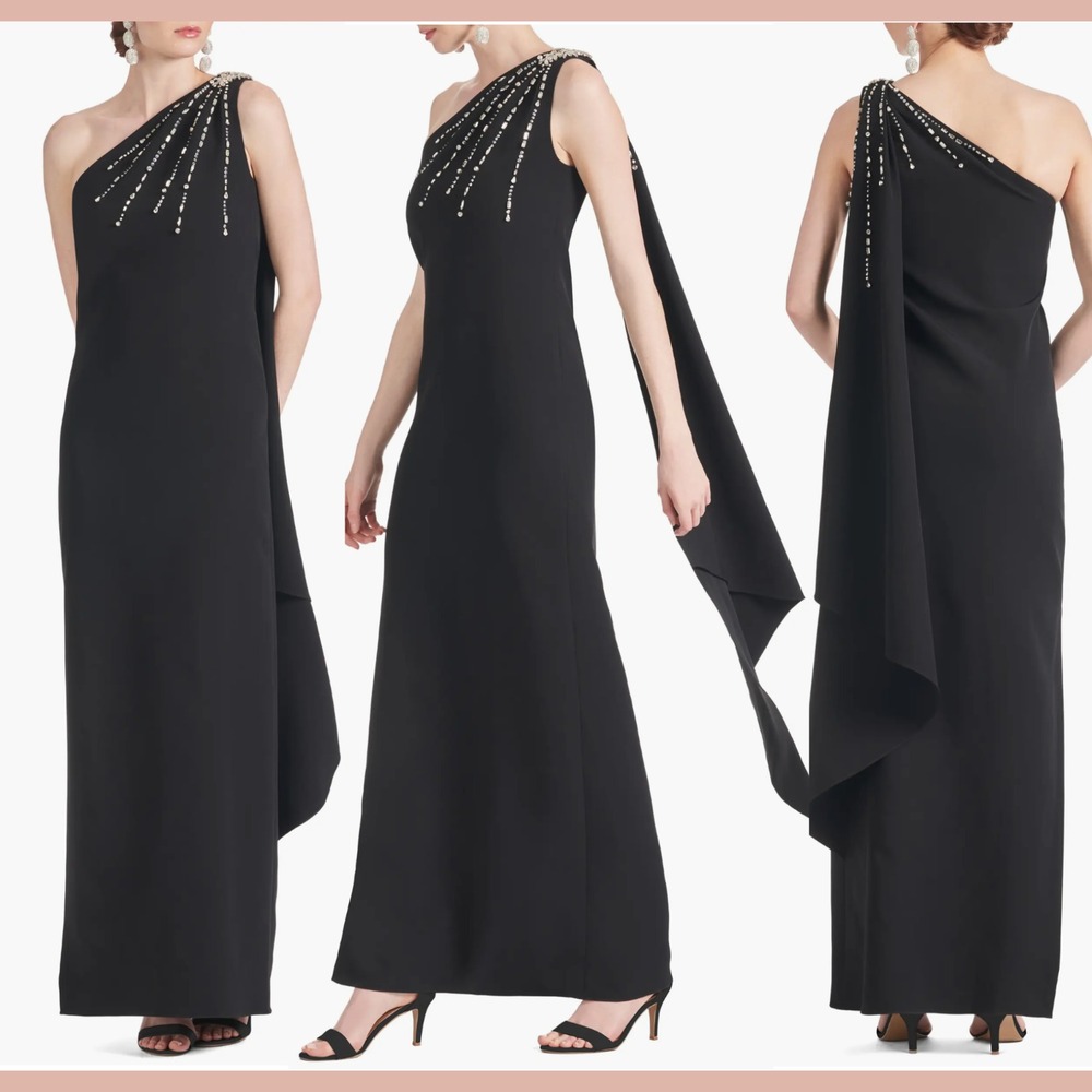NWT SACHIN & BABI [ 2 ] Leslie Beaded Drape One-Shoulder Crepe Gown Black #J1438